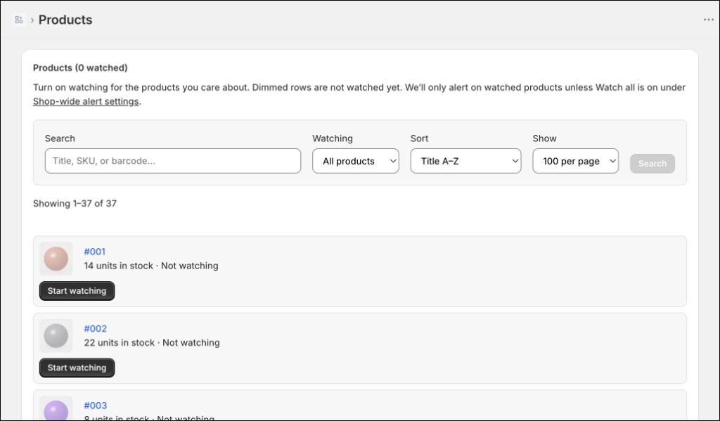 StockWatch Products page showing searchable inventory rows and Start watching controls